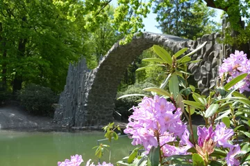 Papier Peint photo Le Rakotzbrücke Impressionen vom Azaleen- und Rhododendronpark Kromlau mit der Rakotzbrücke