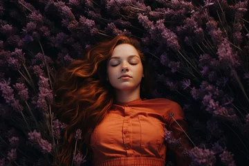 Rolgordijnen pretty young woman wearing red dress sleeping in lavender field, Generative Ai © QuietWord