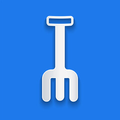 Paper cut Garden rake icon isolated on blue background. Tool for horticulture, agriculture, farming. Ground cultivator. Housekeeping equipment. Paper art style. Vector