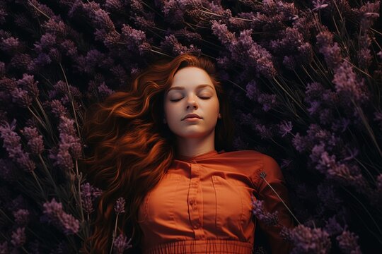pretty young woman wearing red dress sleeping in lavender field, Generative Ai