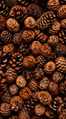 Pine cones background. Top view of pine cones on wooden background.