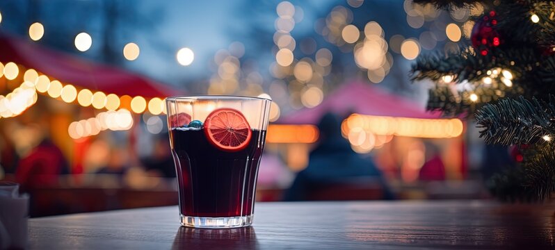 close up a glass of hot mulled wine during winter time, bokeh light background, Generative Ai