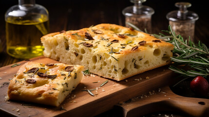 Delicious italian focaccia bread on a wooden cutting board. Generative AI