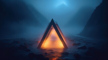 3d illustration of an abstract dark corridor with neon lights and a triangle. - obrazy, fototapety, plakaty