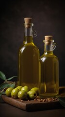 Obraz na płótnie Canvas Bottle of natural extra virgin olive oil and green olives with leaves branch