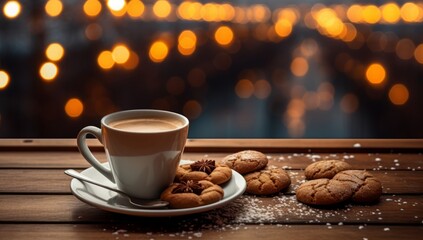 A Cozy Morning Treat: Coffee and Cookies on a Rustic Wooden Table