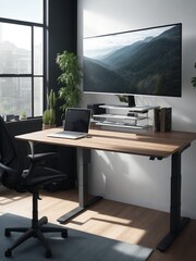 ergonomic work oasis 8K image unveils a home office with an adjustable standing desk promoting a healthy work environment with versatile ergonomic accessories
