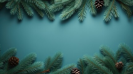  a blue christmas background with pine cones and fir tree branches on a blue background with a place for a text.