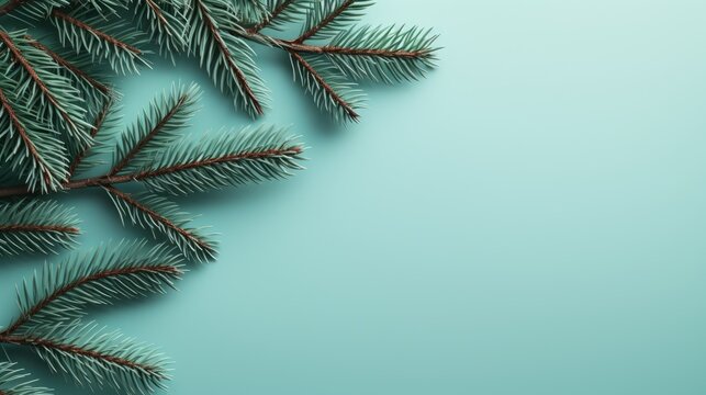  a branch of a pine tree on a blue background with a place for a text or an image of a branch of a pine tree on a blue background.