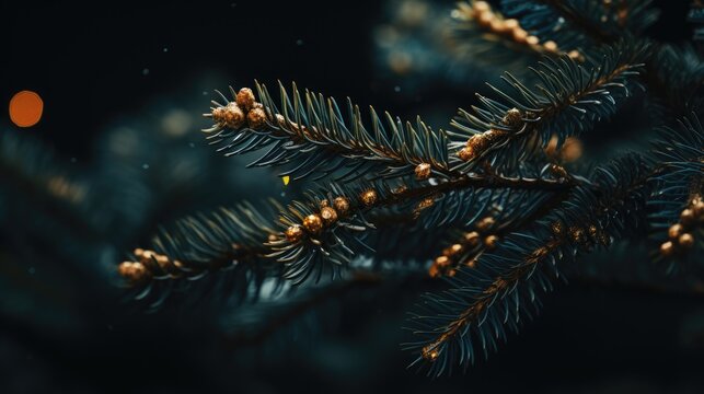  a close up of a pine tree branch with a blurry image of a red dot in the middle of the picture.