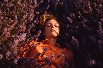  young pretty woman wearing red dress lay down on lavender field with sunlight shine on face,...