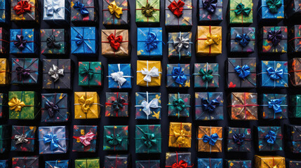 Fototapeta na wymiar Colorful gift boxes with ribbons and bows on black background.