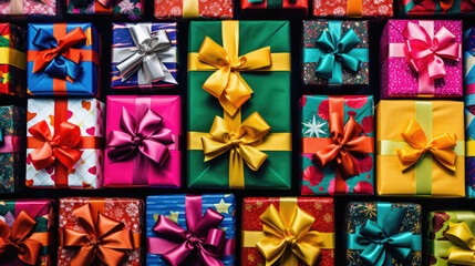 Colorful gift boxes on black background. Christmas, birthday, Valentine's day.