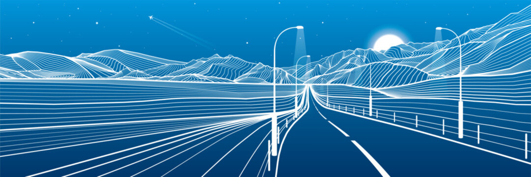 Road in the mountains. Night highway. Outline illustration on blue background. Snow hills. Moon and stars. Vector design art landscape