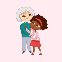 Cartoon cute illustration with family. Granddaughter giving a gift to grandma. Happy grandparents and grandchildren. Gifts and family holidays. Vector illustration family traditions