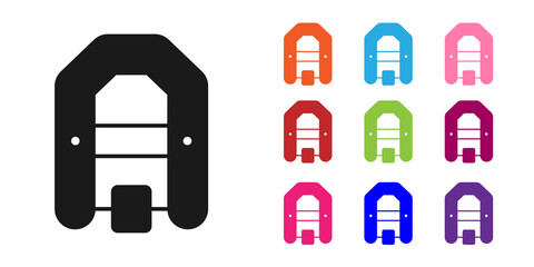 Black Rafting boat icon isolated on white background. Inflatable boat with paddles. Water sports, extreme sports, holiday, vacation. Set icons colorful. Vector