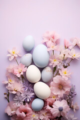 Naklejka na ściany i meble Happy Easter. Easter eggs and flowers on backgrounds. Place for text.Generative AI
