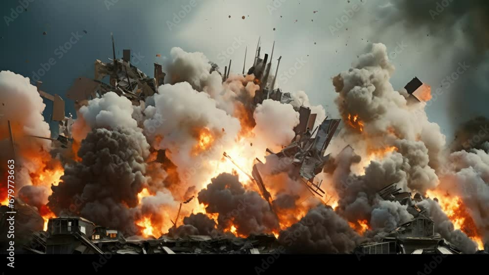 Poster a series of synchronized explosions demolish a row of buildings, reducing them to rubble.