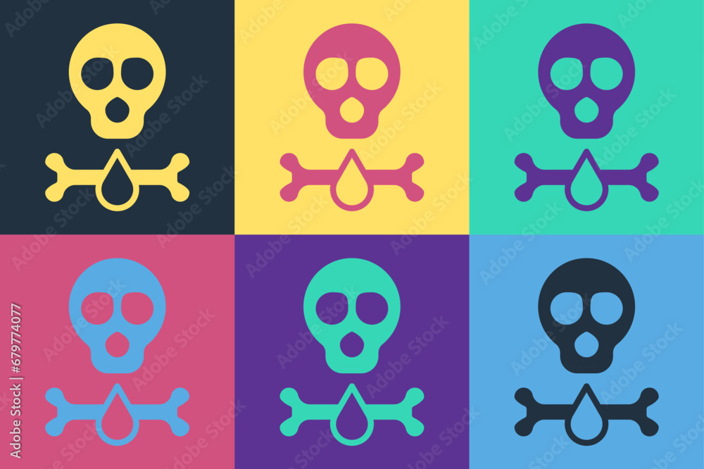 Poster pop art bones and skull as a sign of toxicity warning icon isolated on color background. vector