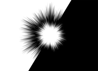 Vector background in the form of an abstract explosion with a flash in the center with a transition from black to white. Black and white vector pattern