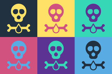 Pop art Bones and skull as a sign of toxicity warning icon isolated on color background. Vector