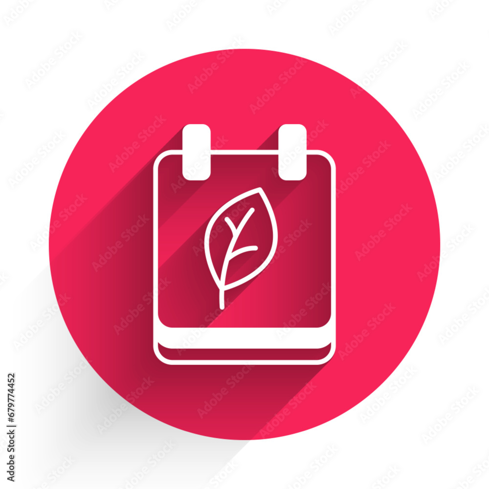 Poster white calendar with autumn leaves icon isolated with long shadow background. red circle button. vect