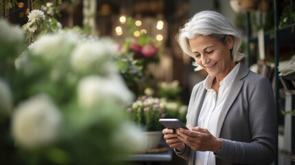 Smiling woman is standing in a flower shop looking at her smartphone, with shelves of plants and flowers in the background.