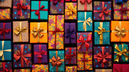 Fototapeta premium Colorful gift boxes with bows on a wooden background. Top view.