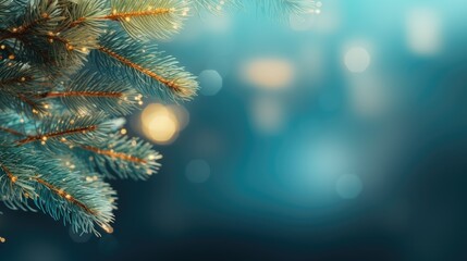  a close - up of a pine tree branch with a blurry background and boke of lights in the background.