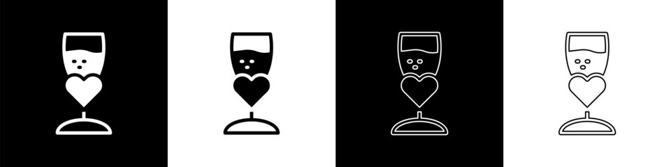 Set Glass of champagne icon isolated on black and white background. Happy Valentines day. Vector