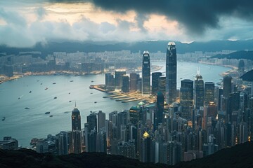 Hong Kong skyline at sunset, Hong Kong Island, China. Hong Kong is the most densely populated island in the world, Skyline of Hong Kong Island and Kowloon from Victoria Peak, AI Generated - obrazy, fototapety, plakaty