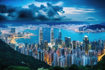 Hong Kong city skyline at night, Hong Kong island, China, Skyline of Hong Kong Island and Kowloon from Victoria Peak, AI Generated - obrazy, fototapety, plakaty