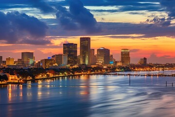 Boston Skyline at sunset, Boston, Massachusetts, United States, Skyline of New Orleans with Mississippi River at Dusk, AI Generated - Powered by Adobe