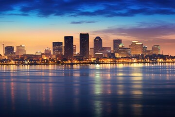 Fototapeta premium Miami city skyline at dusk with reflection on water, Florida, USA, Skyline of New Orleans with Mississippi River at Dusk, AI Generated
