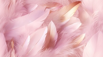  a close up of a pink and gold background with a bunch of feathers in the center of the image and a gold strip in the middle of the image.