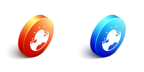 Isometric Earth core structure crust icon isolated on white background. Orange and blue circle button. Vector