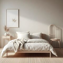 A minimalist bedroom with a simple bed and a few essential pieces of furniture