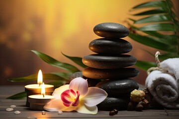 Obraz na płótnie Canvas Spa still life with zen stones, orchid flower and candle on wooden background, Spa concept with eucalyptus oil and eucalyptus leaf extract natural /organic spa cosmetics products, AI Generated