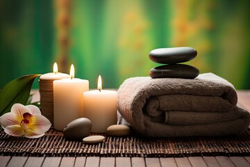Obraz na płótnie Canvas Spa setting with candles, towel and orchid flowers on bamboo mat, Spa concept with eucalyptus oil and eucalyptus leaf extract natural /organic spa cosmetics products, AI Generated