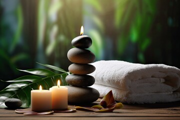 Spa stones with candles and towel on wooden table against blurred background, Spa concept with eucalyptus oil and eucalyptus leaf extract natural /organic spa cosmetics products, AI Generated