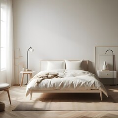 A minimalist bedroom with a simple bed and a few essential pieces of furniture