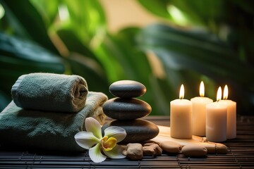 Spa still life with zen stones, candles and orchid flower, Spa concept with eucalyptus oil and eucalyptus leaf extract natural /organic spa cosmetics products, AI Generated