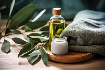 Eucalyptus essential oil in a glass bottle, towel and eucalyptus branch on a wooden background, Spa concept with eucalyptus oil and eucalyptus leaf extract natural /organic spa, AI Generated - obrazy, fototapety, plakaty