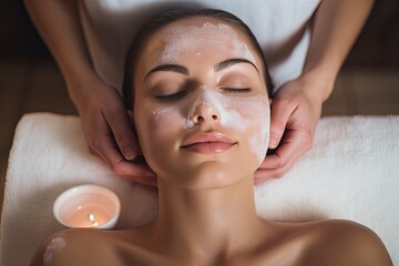 Beautiful young woman having a facial massage in a spa salon, Spa Woman. Brunette Getting a Salt...