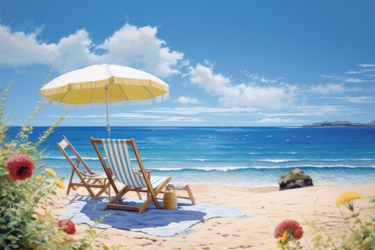 Beach chair with umbrella and flowers on the beach against blue sky, Sommer, Sonne, Strand und Meer im Urlaub, AI Generated