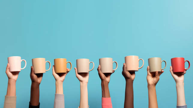 Multiple hands of diverse skin tones are raised, each holding a different colored mug against a blue background.