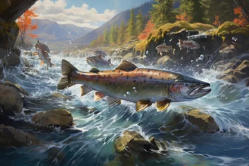 Foto op Aluminium 3D illustration of a salmon in the water with mountains in the background, spawning salmon in a beautiful river, AI Generated © Iftikhar alam