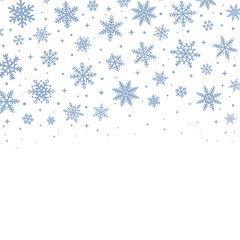 Snow fall vector border for the winter holidays, random greeting banner with blue hand drawn snow flake elements