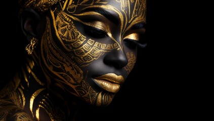 Gilded Beauty: A Woman's Face Transformed in Radiant Gold and Mysterious Black