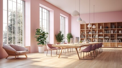  a room with a table, chairs, bookshelves and a potted plant in the center of the room.